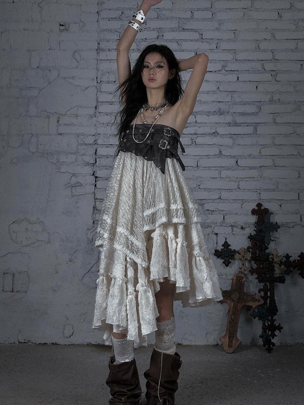 NO ROMANCE Court Punk Plaid Lace Patchwork Asymmetric Women'S Rayon Maxi Skirts