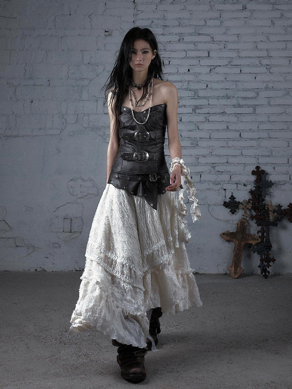 NO ROMANCE Court Punk Plaid Lace Patchwork Asymmetric Women'S Rayon Maxi Skirts
