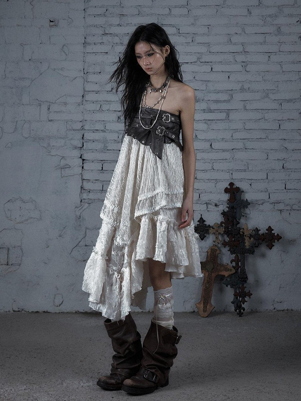 NO ROMANCE Court Punk Plaid Lace Patchwork Asymmetric Women'S Rayon Maxi Skirts