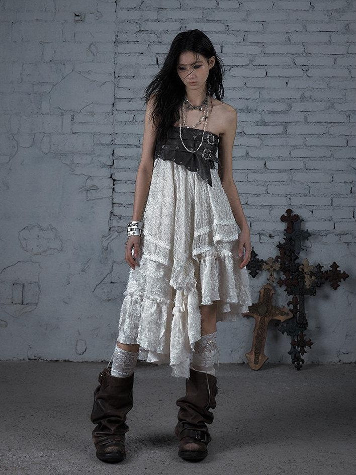 NO ROMANCE Court Punk Plaid Lace Patchwork Asymmetric Women'S Rayon Maxi Skirts