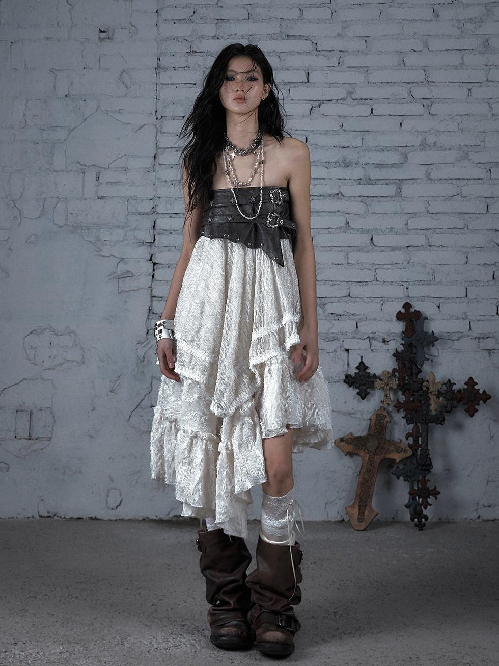 NO ROMANCE Court Punk Plaid Lace Patchwork Asymmetric Women'S Rayon Maxi Skirts