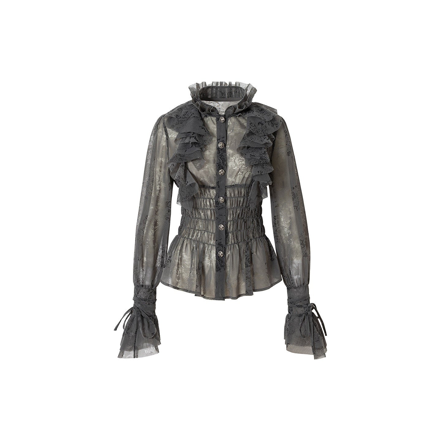 NO_ROMANCE_Court_Style_Ruffle_Gathered_Waist_Stand_Collar_Women'S_Flocked_Lace_Blouses_MISSTT