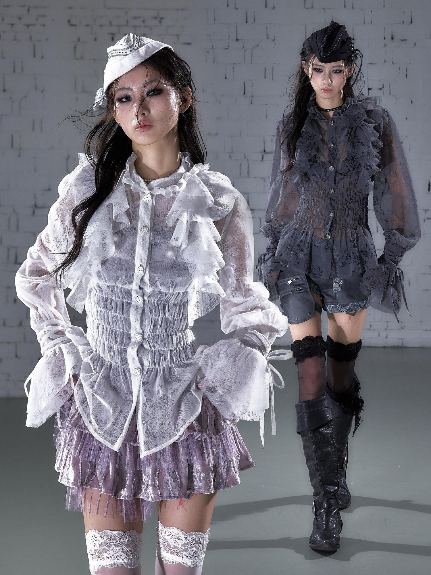 NO ROMANCE Court Style Ruffle Gathered Waist Stand Collar Women'S Flocked Lace Blouses