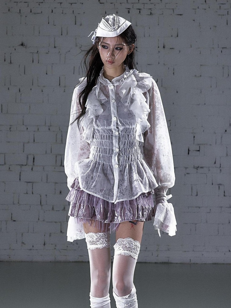 NO ROMANCE Court Style Ruffle Gathered Waist Stand Collar Women'S Flocked Lace Blouses