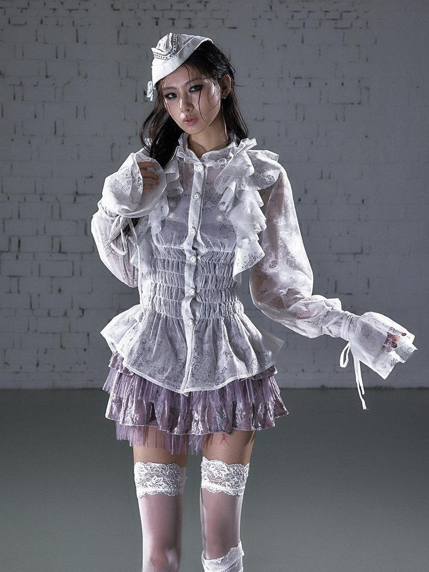 NO ROMANCE Court Style Ruffle Gathered Waist Stand Collar Women'S Flocked Lace Blouses
