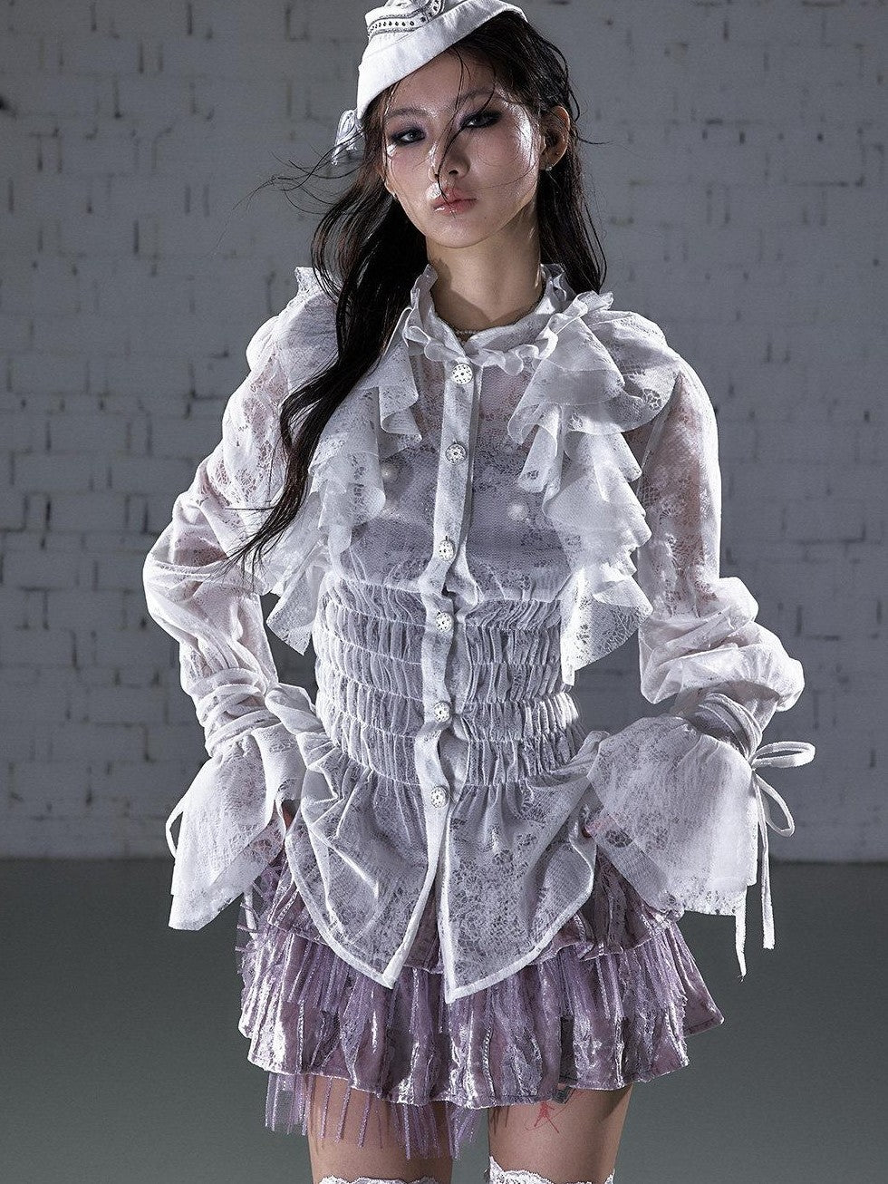 NO ROMANCE Court Style Ruffle Gathered Waist Stand Collar Women'S Flocked Lace Blouses