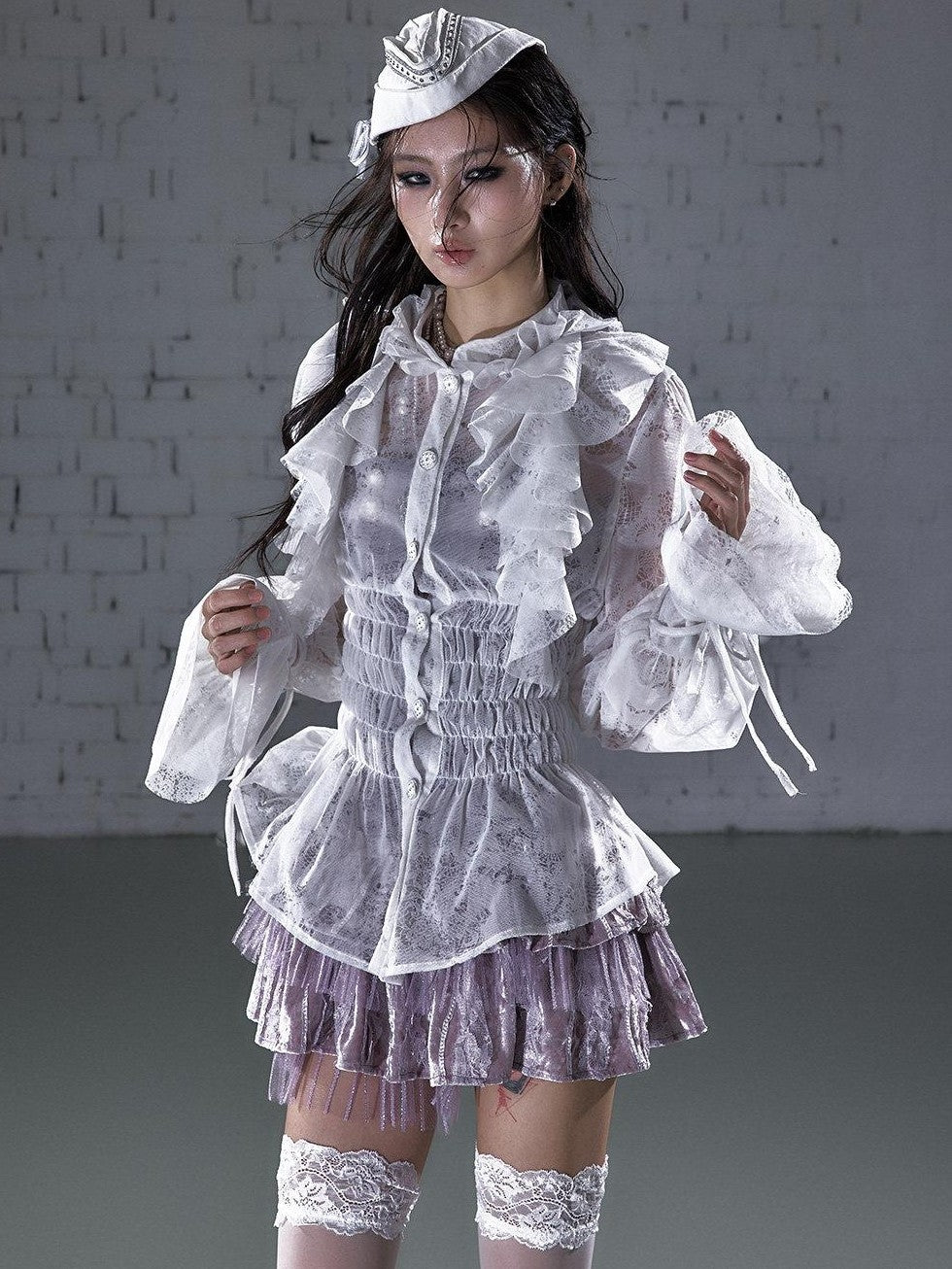 NO ROMANCE Court Style Ruffle Gathered Waist Stand Collar Women'S Flocked Lace Blouses