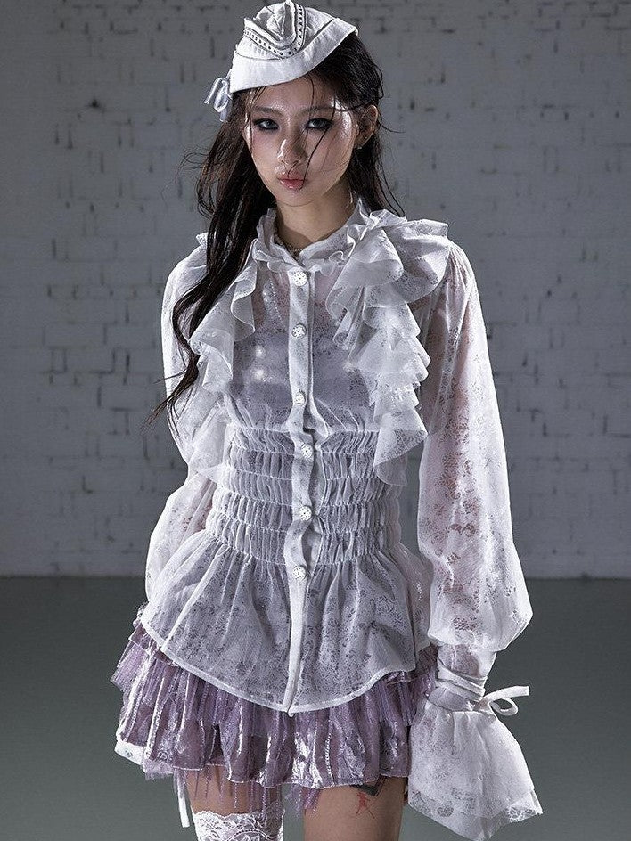 NO ROMANCE Court Style Ruffle Gathered Waist Stand Collar Women'S Flocked Lace Blouses