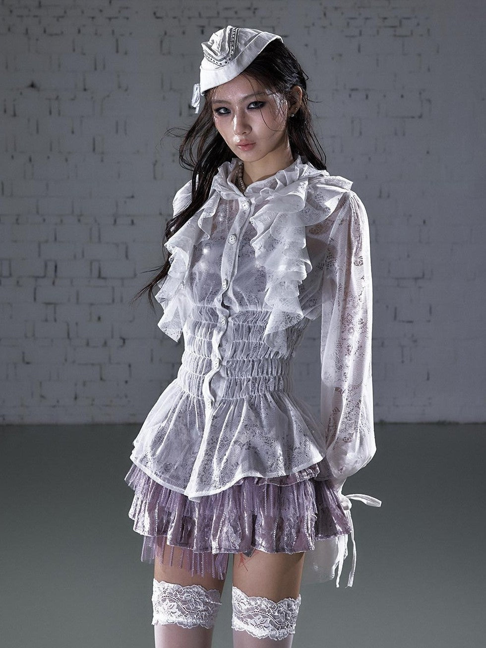 NO ROMANCE Court Style Ruffle Gathered Waist Stand Collar Women'S Flocked Lace Blouses