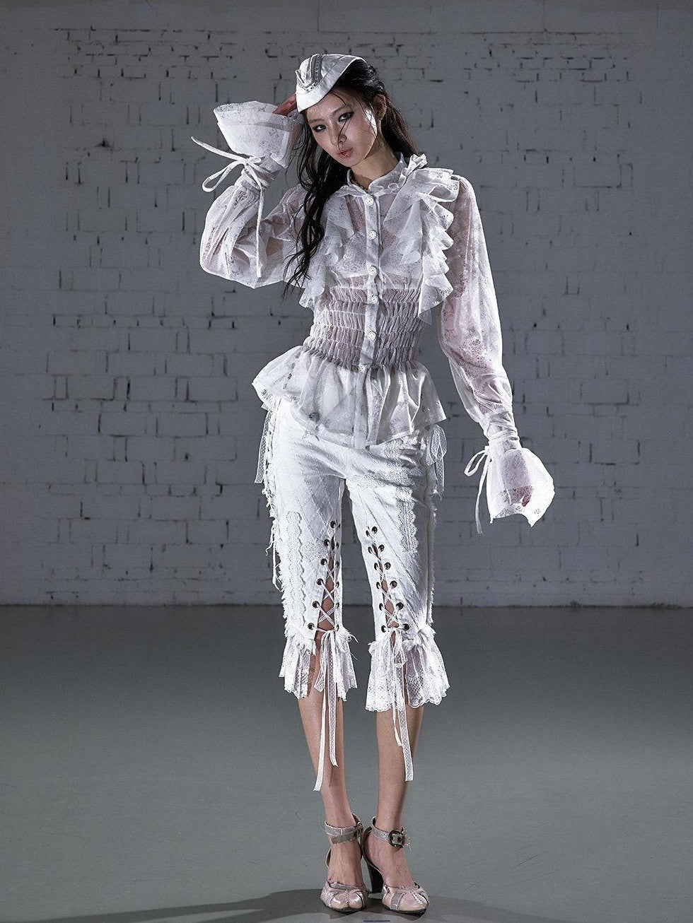 NO ROMANCE Court Style Ruffle Gathered Waist Stand Collar Women'S Flocked Lace Blouses