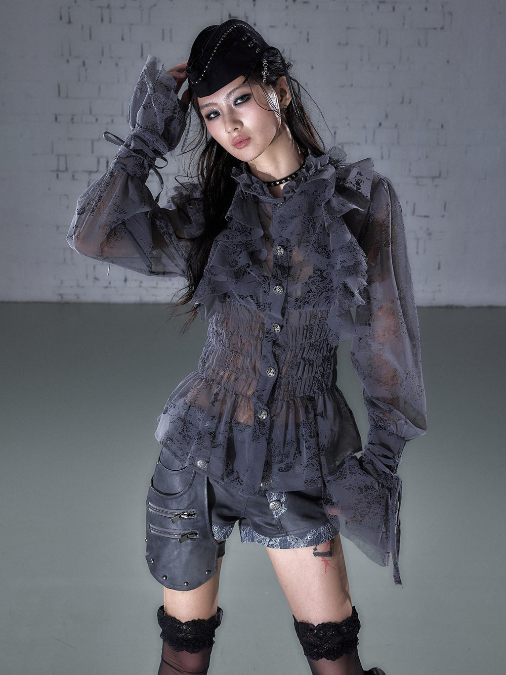 NO ROMANCE Court Style Ruffle Gathered Waist Stand Collar Women'S Flocked Lace Blouses