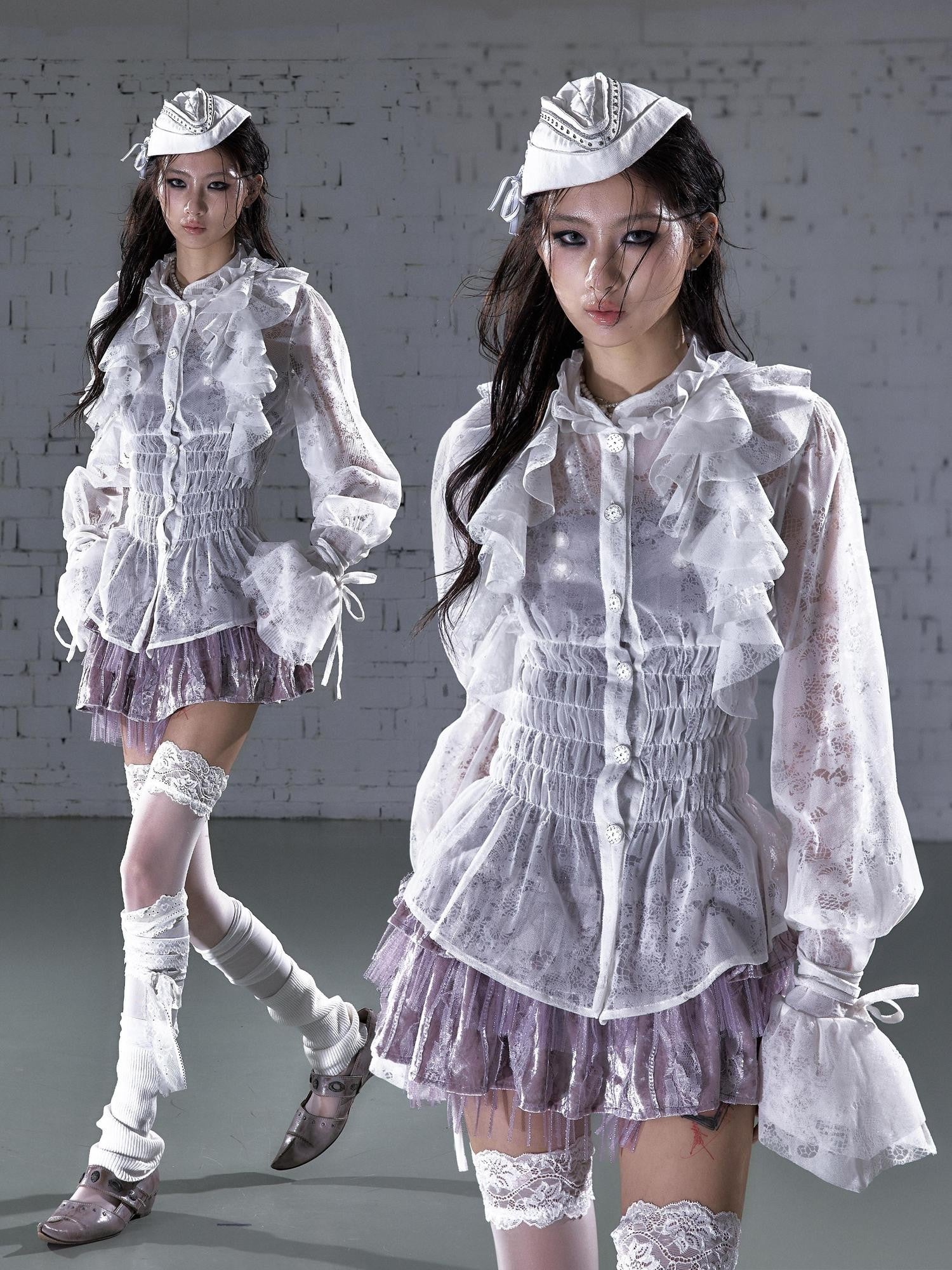 NO ROMANCE Court Style Ruffle Gathered Waist Stand Collar Women'S Flocked Lace Blouses