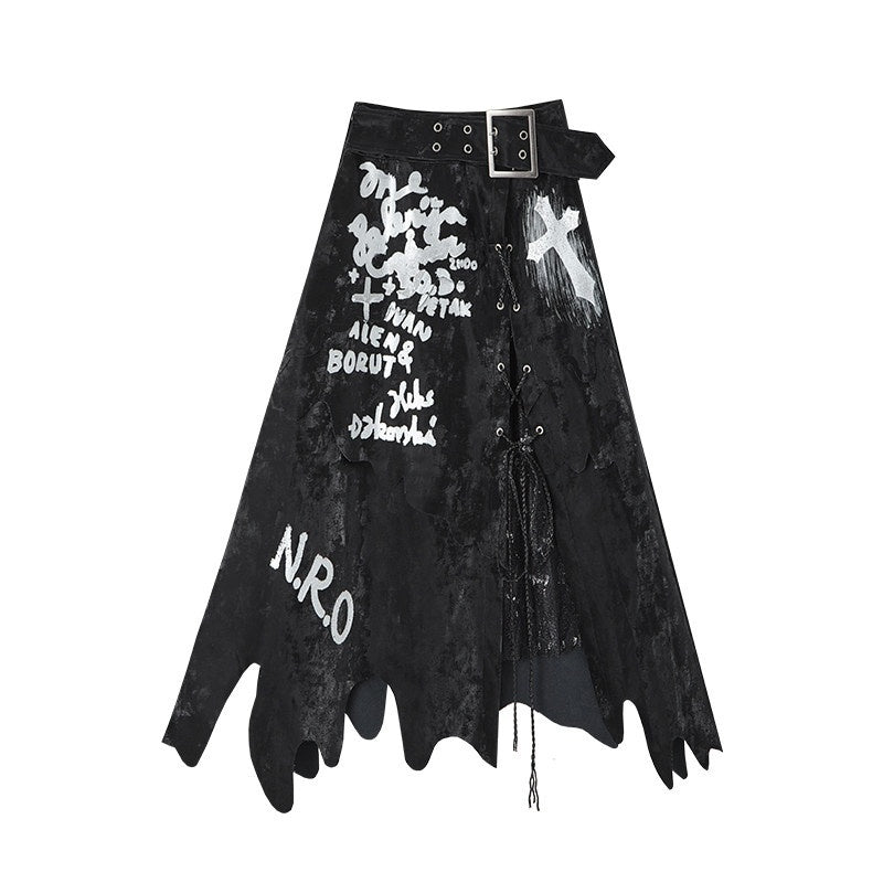 NO_ROMANCE_Dark_Punk_Patchwork_Print_Lace_Irregular_Women'S_Polyester_Maxi_Skirts_MISSTT