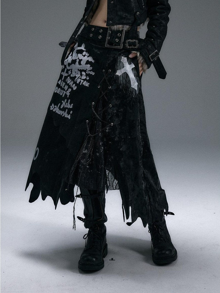 NO ROMANCE Dark Punk Patchwork Print Lace Irregular Women'S Polyester Maxi Skirts