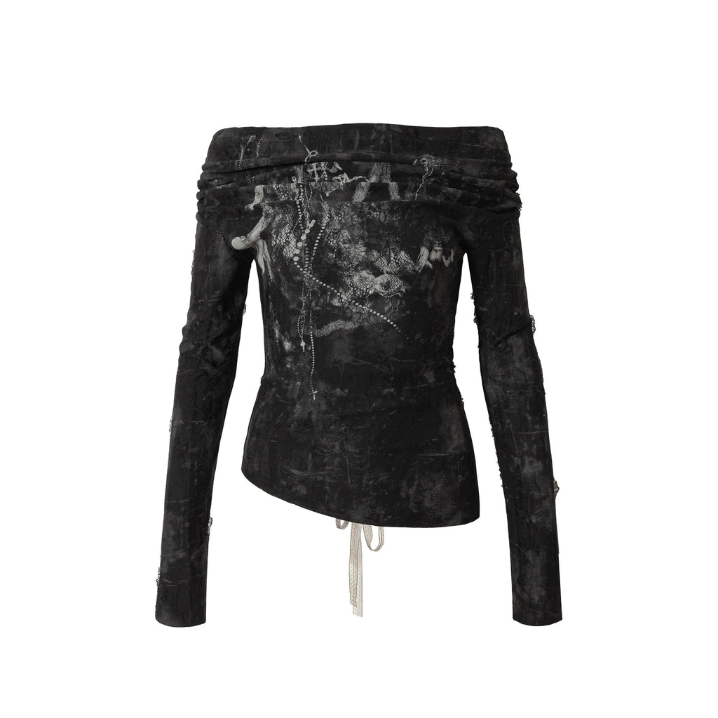 NO_ROMANCE_Dark_Punk_Print_Bardot_Tie_Two_Way_Women'S_Polyester_Long_Sleeve_T-Shirts_MISSTT