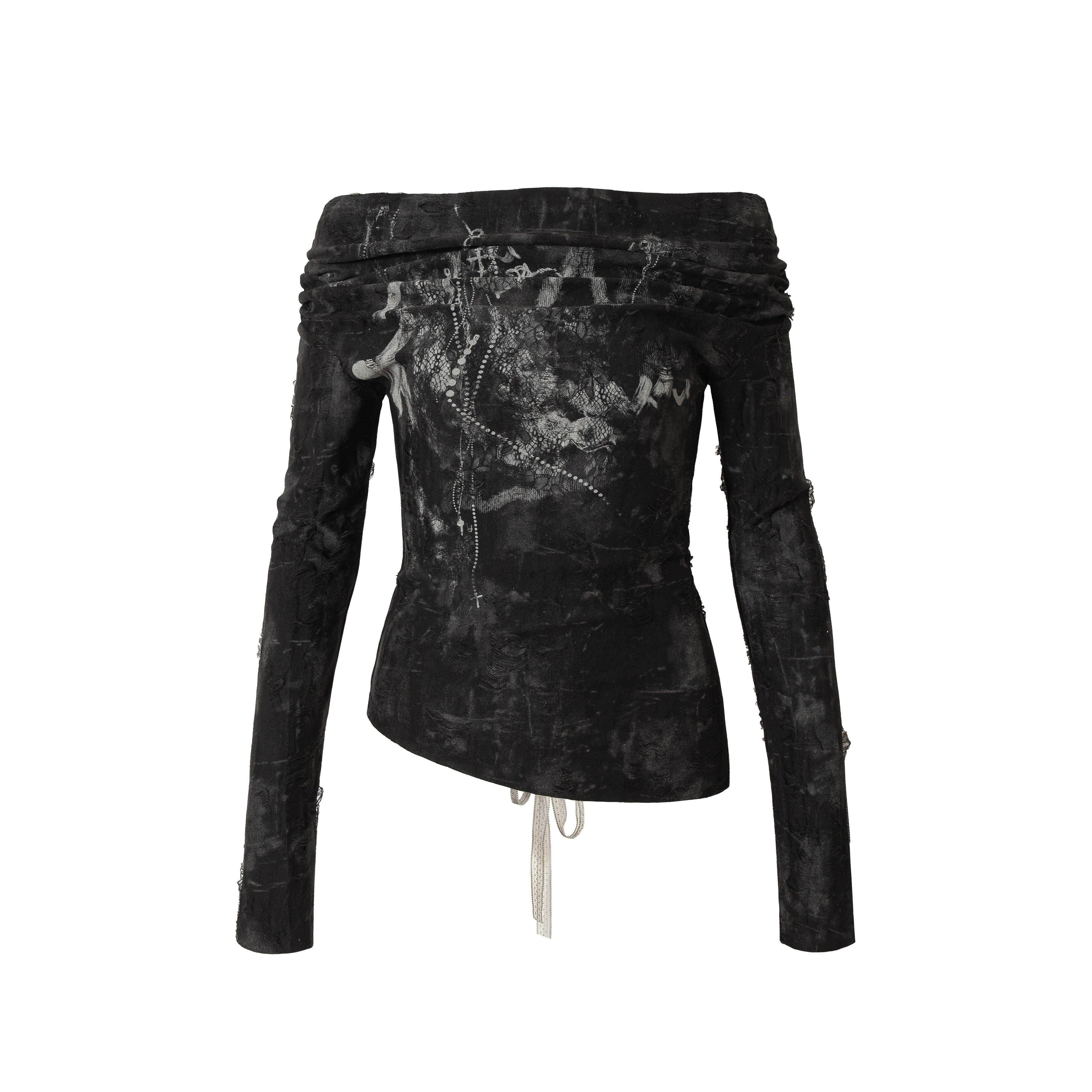 NO_ROMANCE_Dark_Punk_Print_Bardot_Tie_Two_Way_Women'S_Polyester_Long_Sleeve_T-Shirts_MISSTT