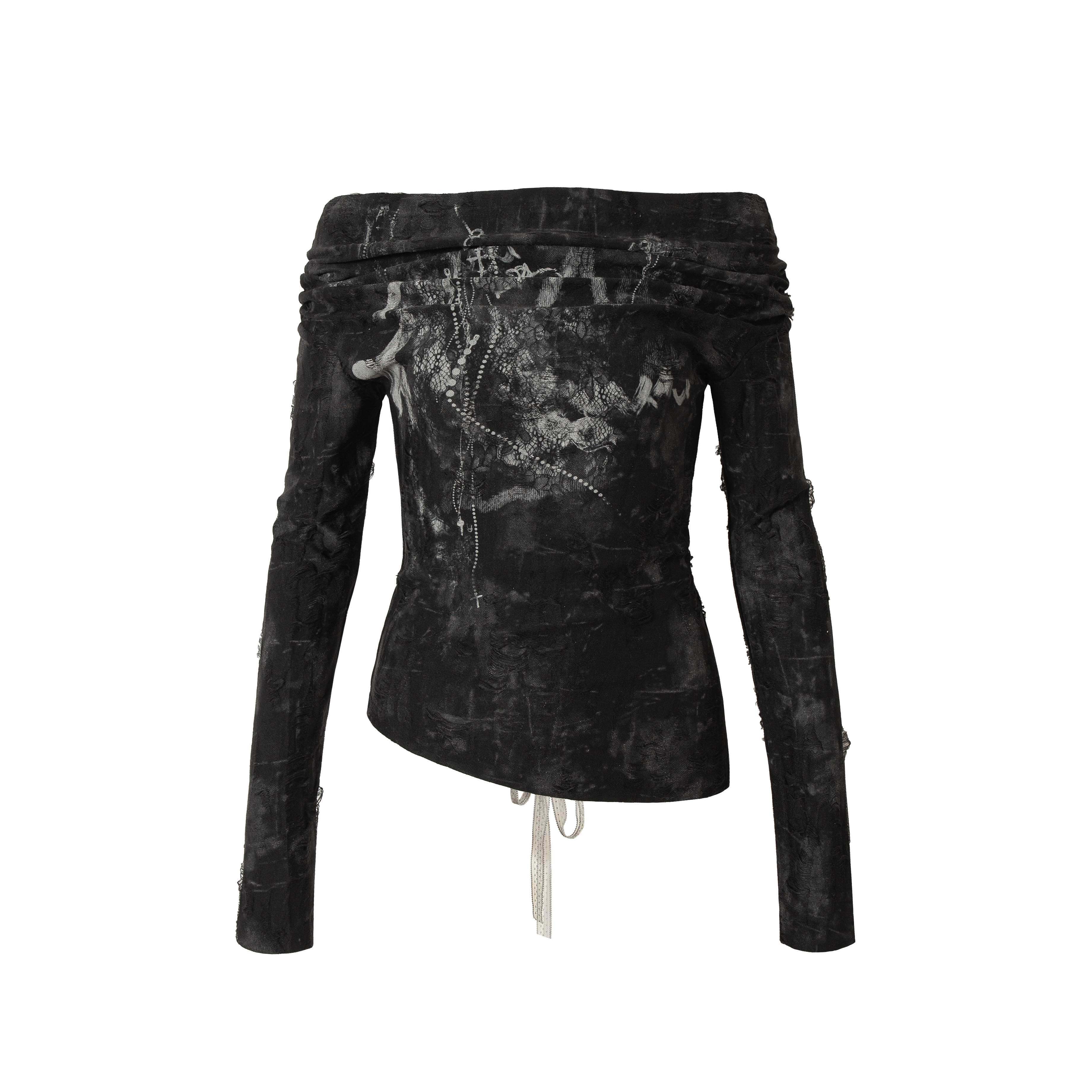 NO_ROMANCE_Dark_Punk_Print_Bardot_Tie_Two_Way_Women'S_Polyester_Long_Sleeve_T-Shirts_MISSTT