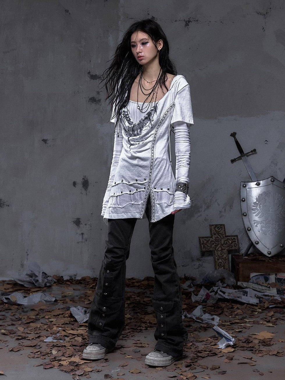 NO ROMANCE Dark Punk Wrinkled Washed Slight Flare Women'S 80 Polyester 20 Cotton Chinos