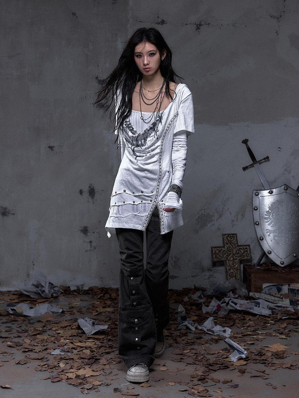 NO ROMANCE Dark Punk Wrinkled Washed Slight Flare Women'S 80 Polyester 20 Cotton Chinos