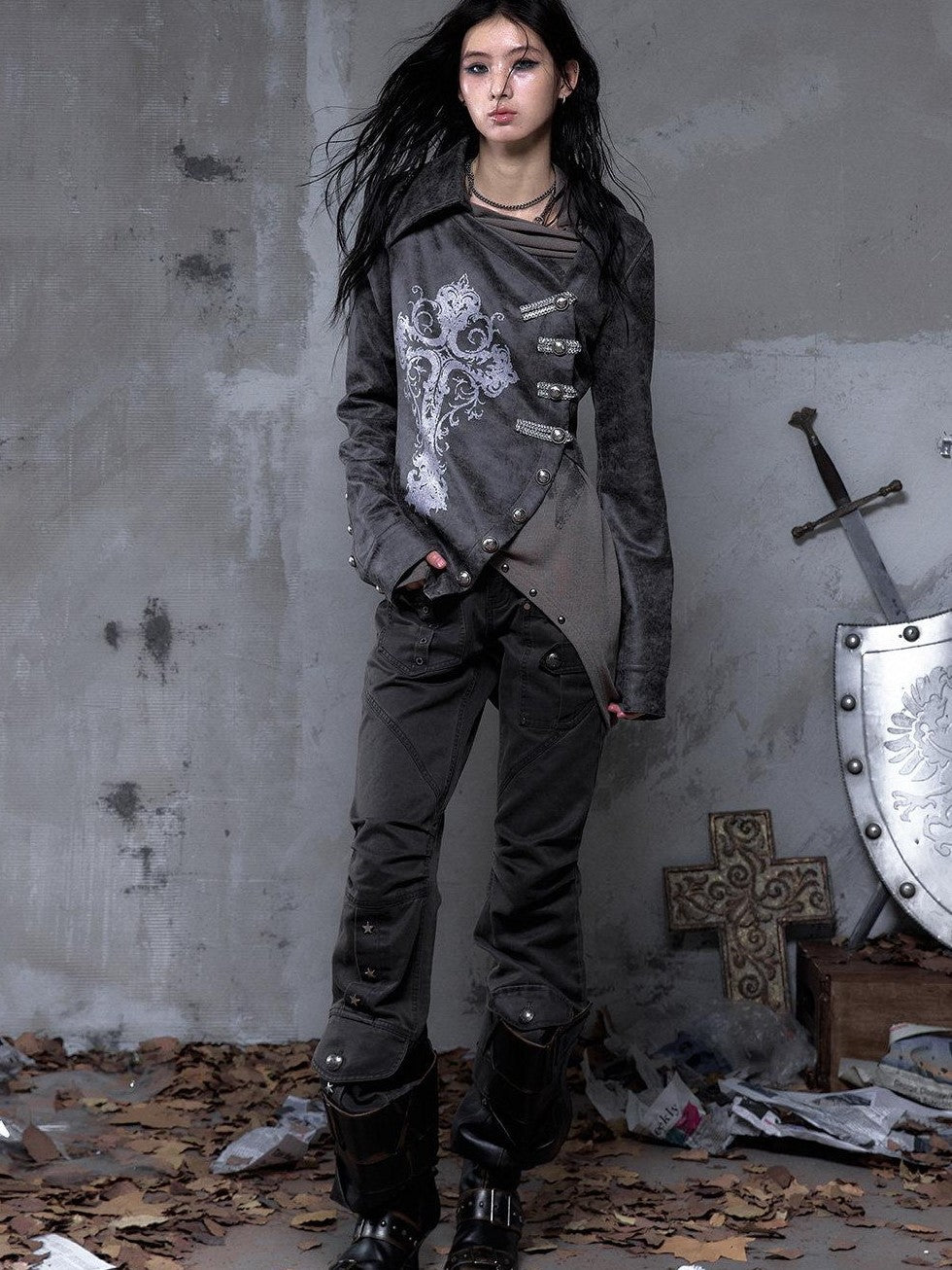 NO ROMANCE Dark Punk Wrinkled Washed Slight Flare Women'S 80 Polyester 20 Cotton Chinos