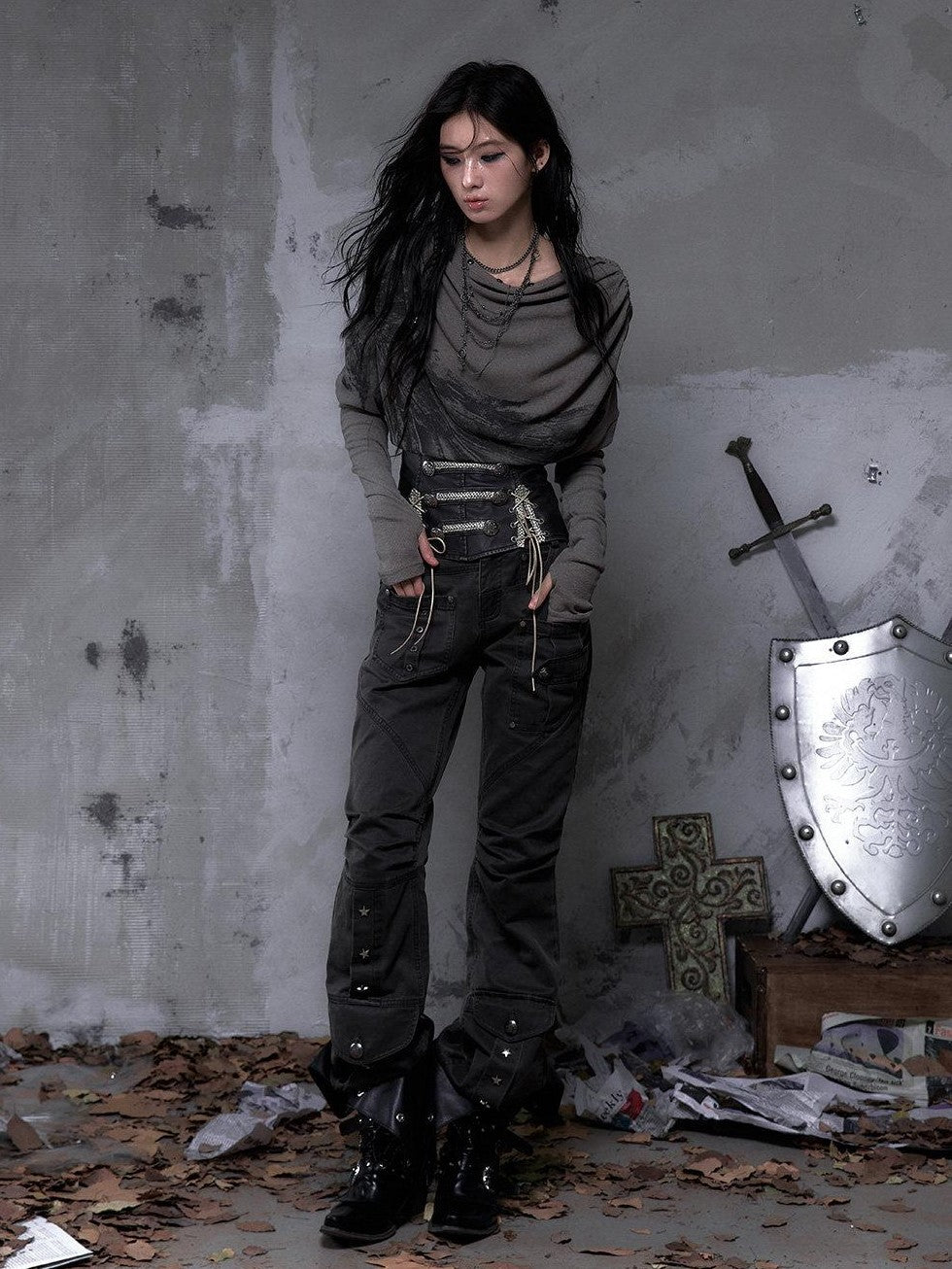 NO ROMANCE Dark Punk Wrinkled Washed Slight Flare Women'S 80 Polyester 20 Cotton Chinos