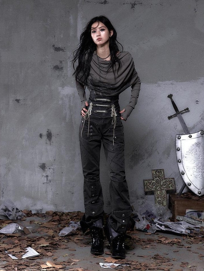 NO ROMANCE Dark Punk Wrinkled Washed Slight Flare Women'S 80 Polyester 20 Cotton Chinos