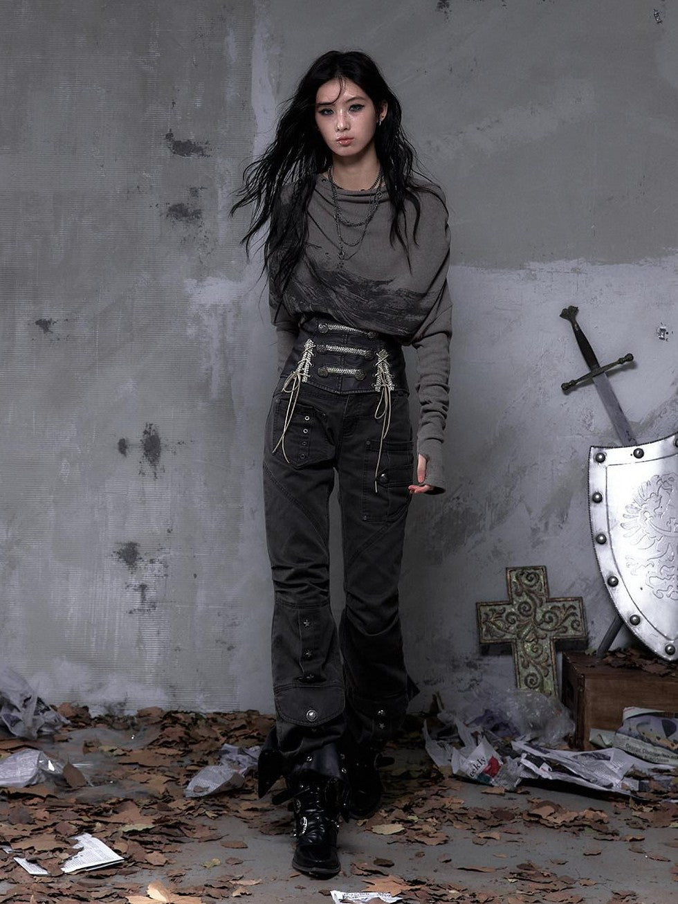 NO ROMANCE Dark Punk Wrinkled Washed Slight Flare Women'S 80 Polyester 20 Cotton Chinos