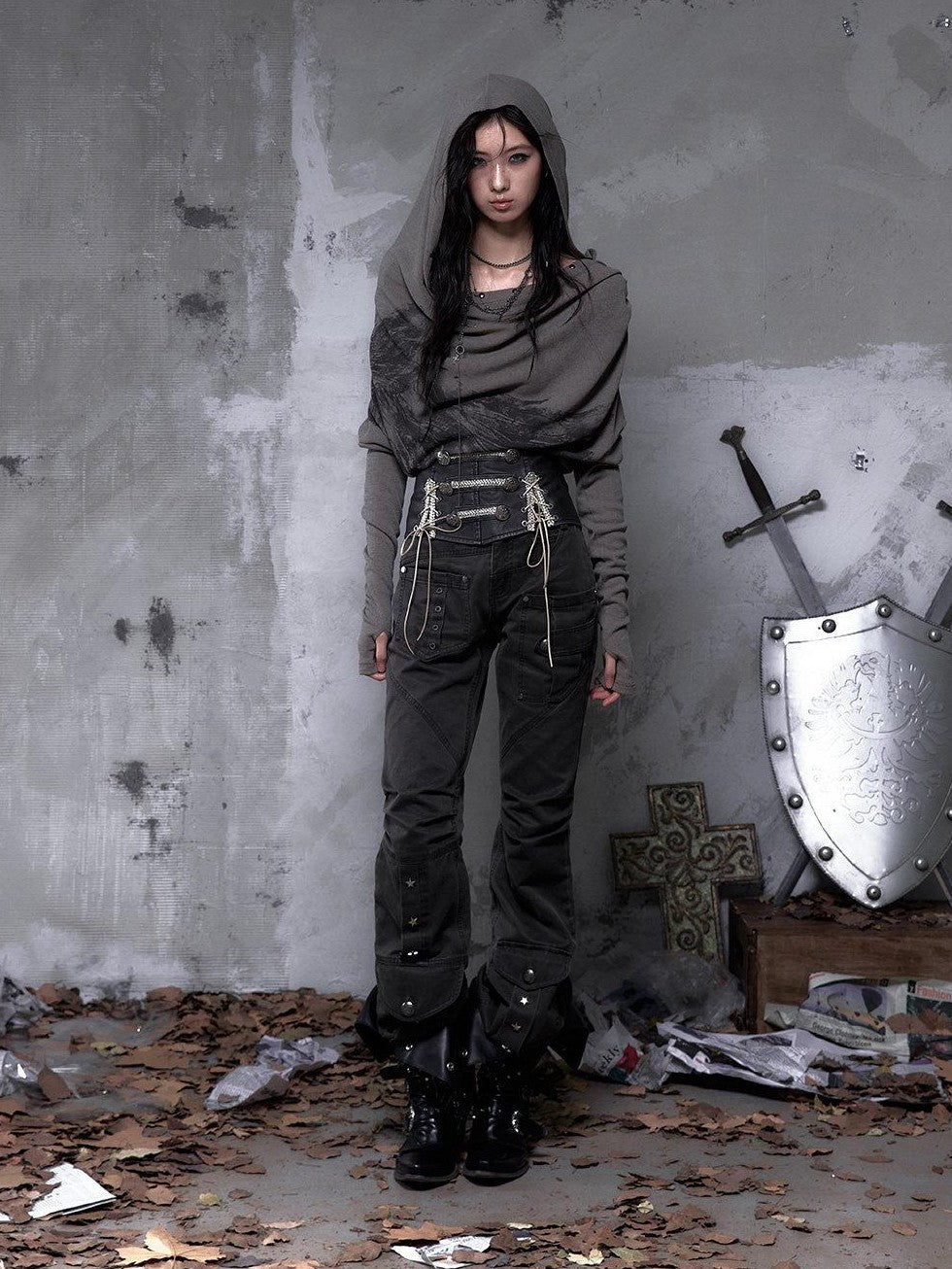 NO ROMANCE Dark Punk Wrinkled Washed Slight Flare Women'S 80 Polyester 20 Cotton Chinos