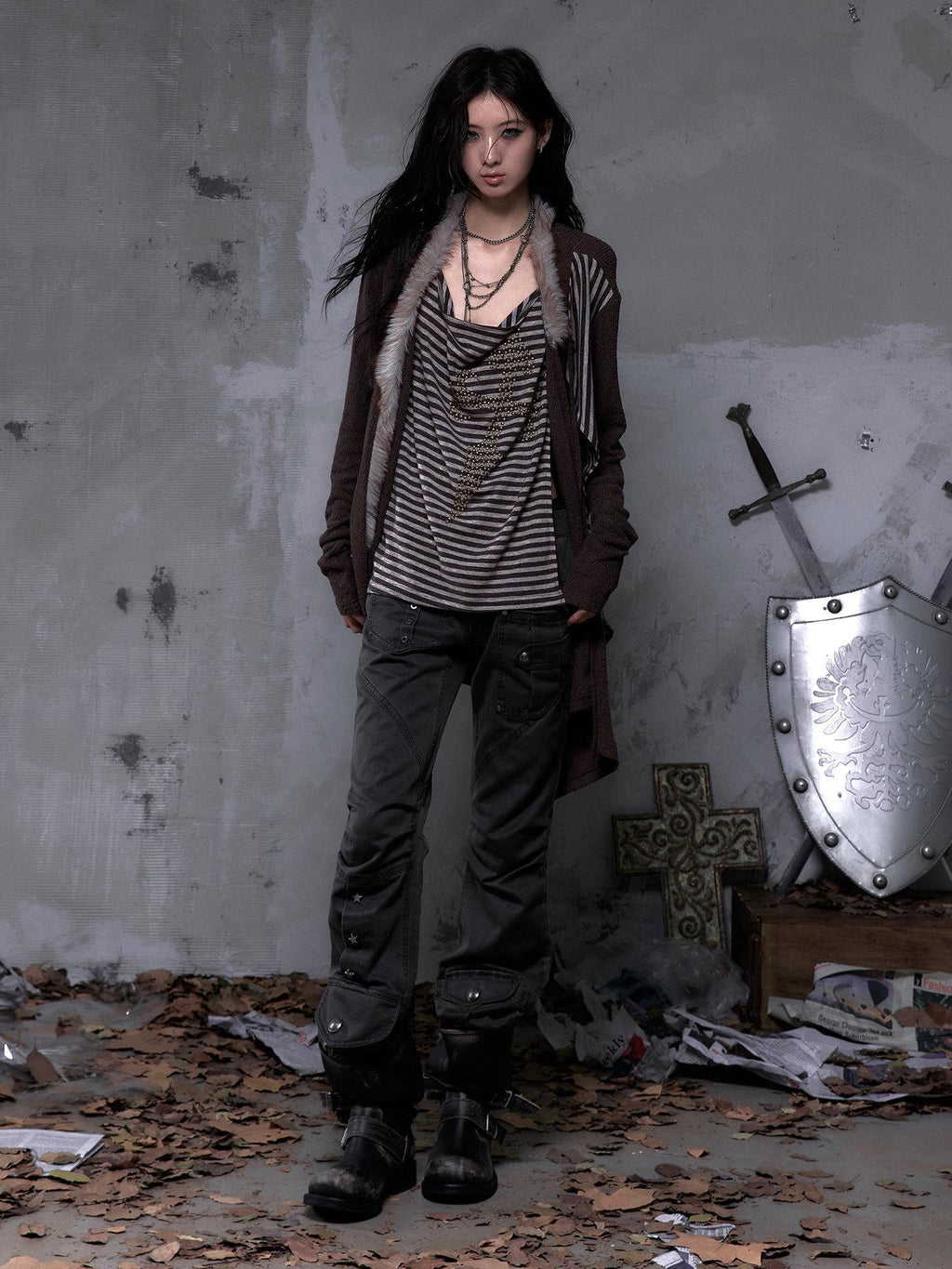 NO ROMANCE Dark Punk Wrinkled Washed Slight Flare Women'S 80 Polyester 20 Cotton Chinos