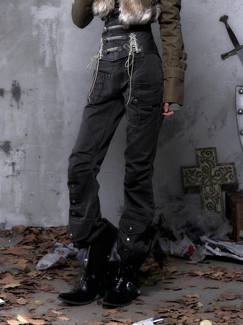 NO ROMANCE Dark Punk Wrinkled Washed Slight Flare Women'S 80 Polyester 20 Cotton Chinos