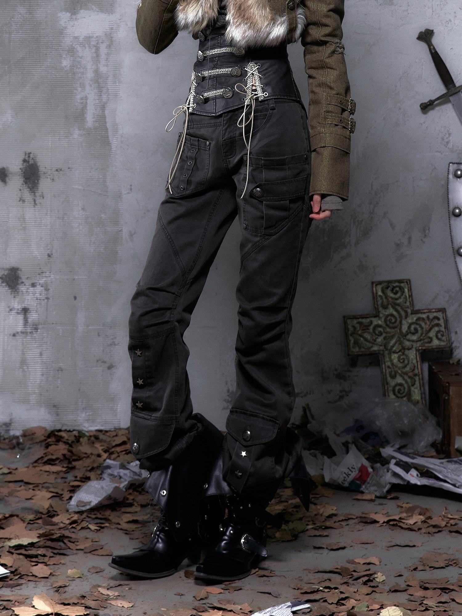 NO ROMANCE Dark Punk Wrinkled Washed Slight Flare Women'S 80 Polyester 20 Cotton Chinos