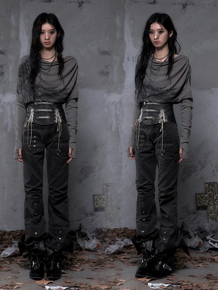 NO ROMANCE Dark Punk Wrinkled Washed Slight Flare Women'S 80 Polyester 20 Cotton Chinos