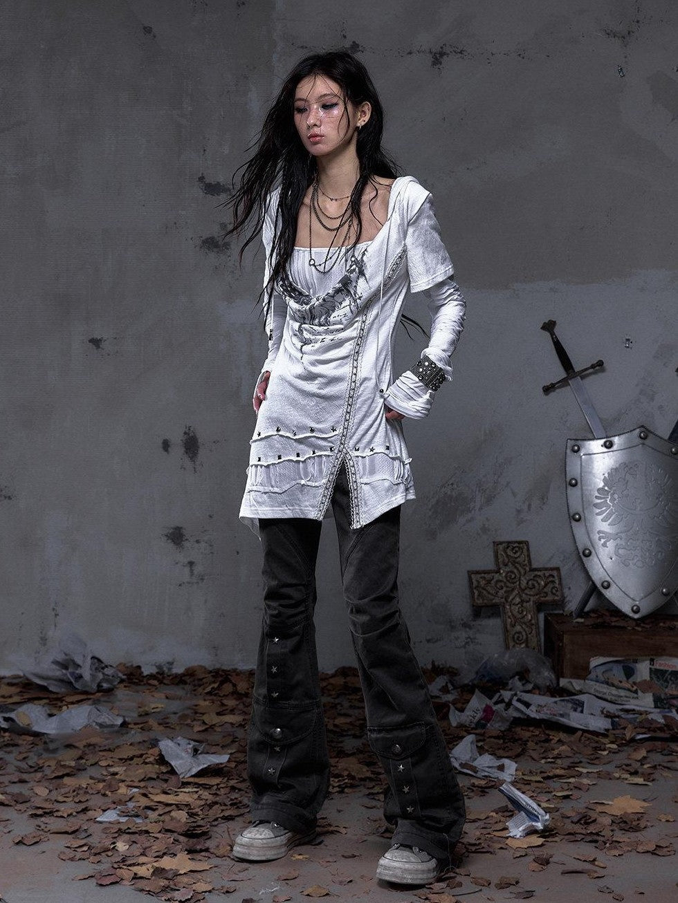 NO ROMANCE Dark Punk Wrinkled Washed Slight Flare Women'S 80 Polyester 20 Cotton Chinos