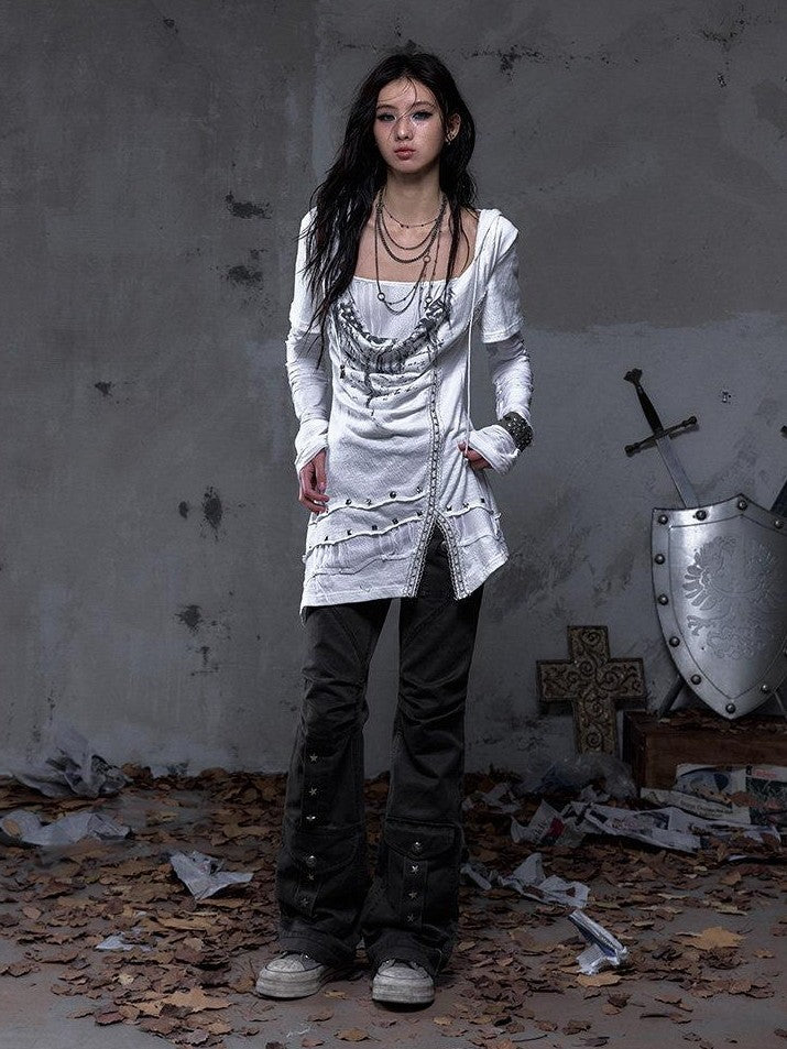 NO ROMANCE Dark Punk Wrinkled Washed Slight Flare Women'S 80 Polyester 20 Cotton Chinos