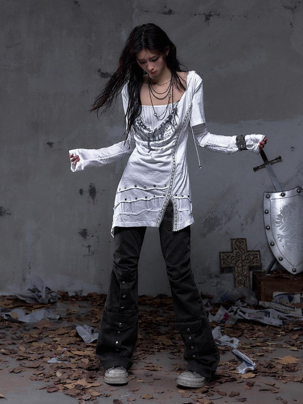 NO ROMANCE Dark Punk Wrinkled Washed Slight Flare Women'S 80 Polyester 20 Cotton Chinos
