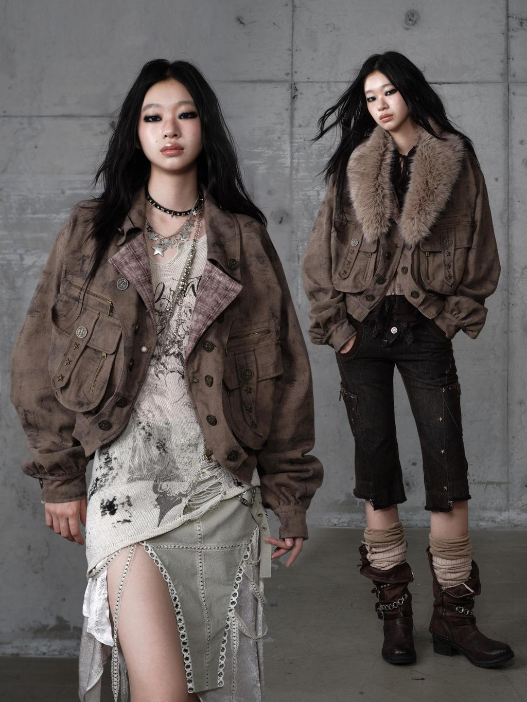 NO ROMANCE Distressed Patchwork Plaid Punk Faux Layered Oversized Women'S Jackets