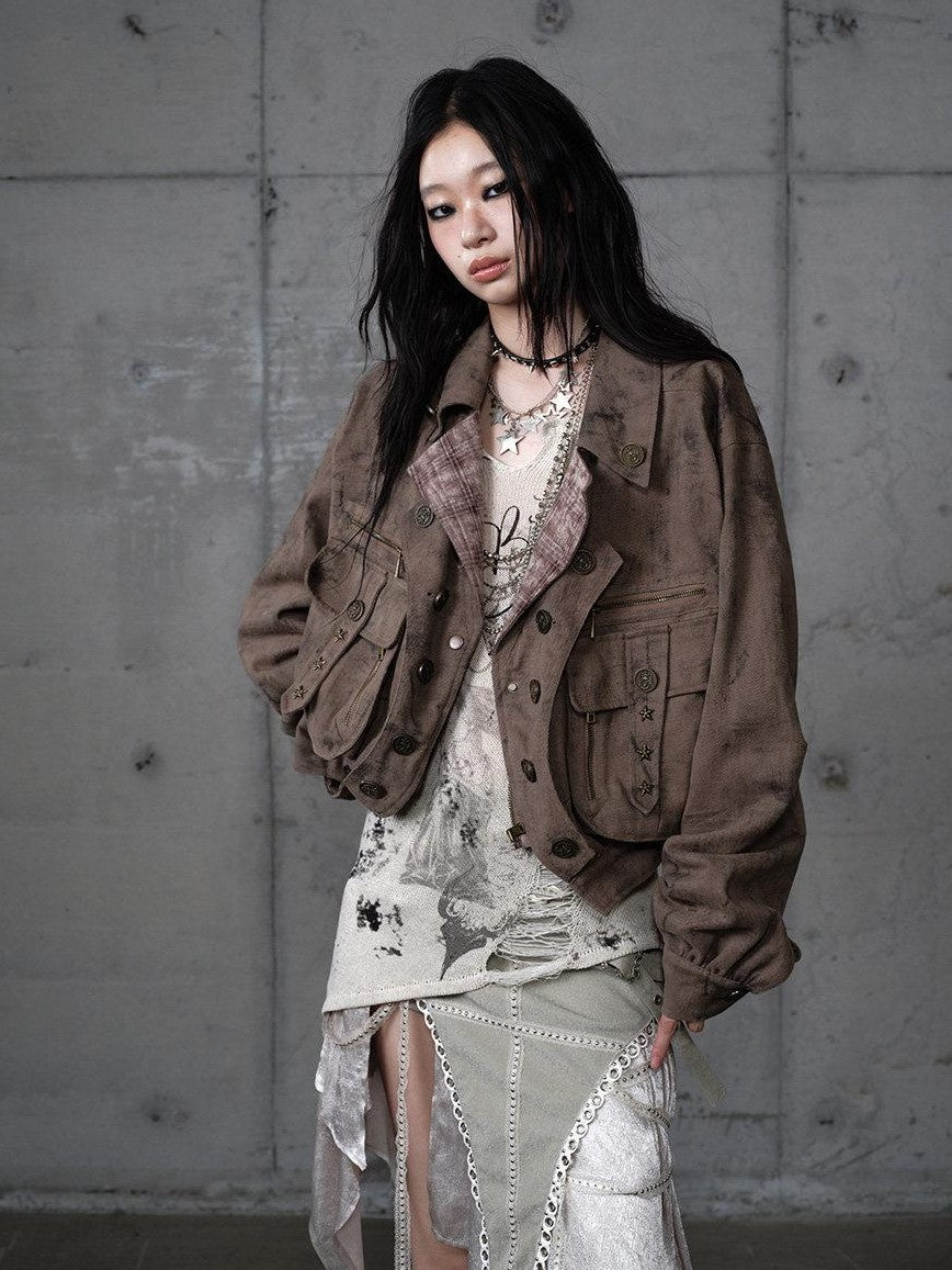 NO ROMANCE Distressed Patchwork Plaid Punk Faux Layered Oversized Women'S Jackets