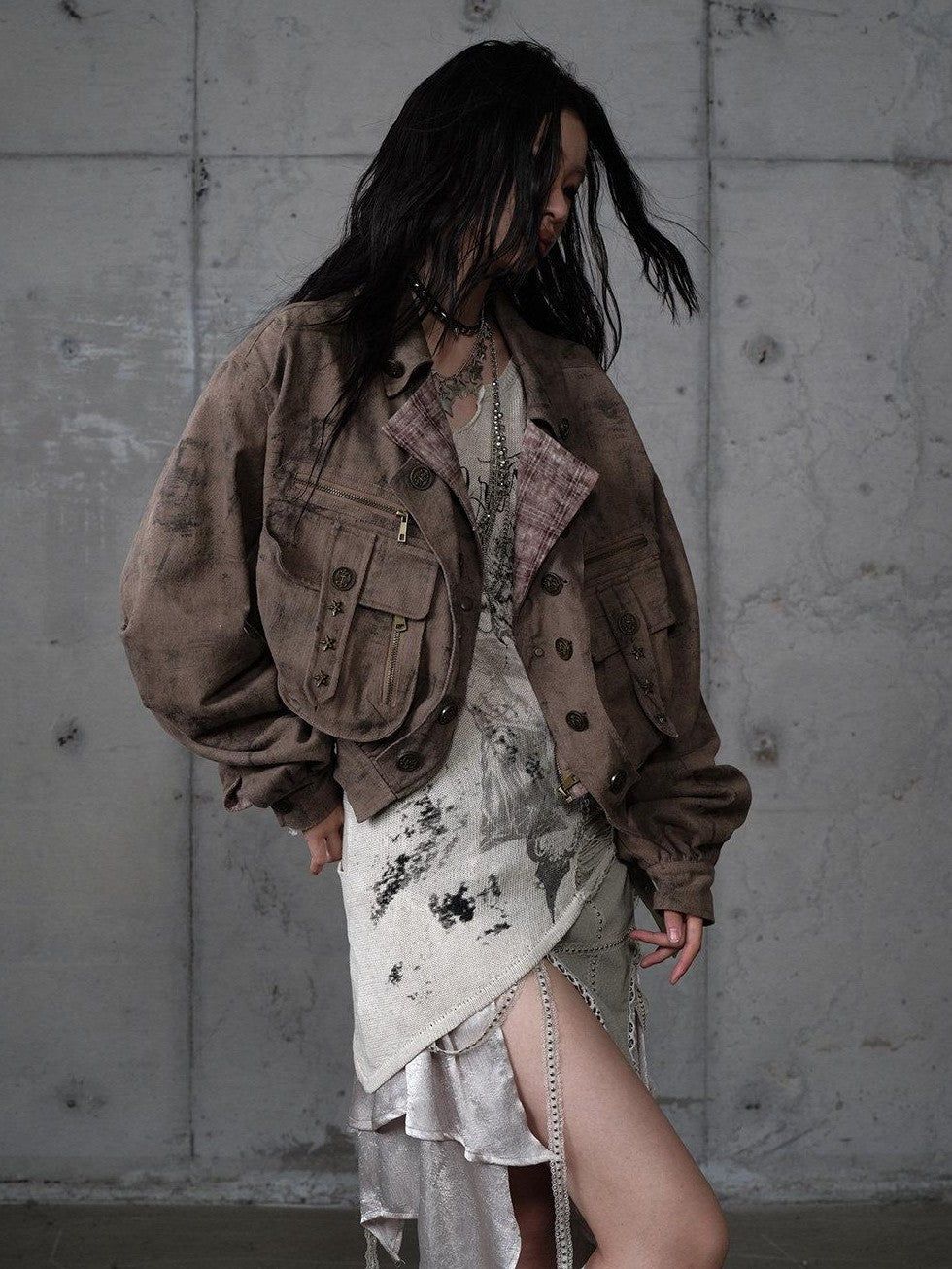 NO ROMANCE Distressed Patchwork Plaid Punk Faux Layered Oversized Women'S Jackets