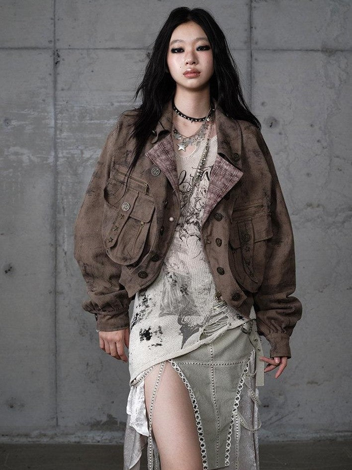 NO ROMANCE Distressed Patchwork Plaid Punk Faux Layered Oversized Women'S Jackets