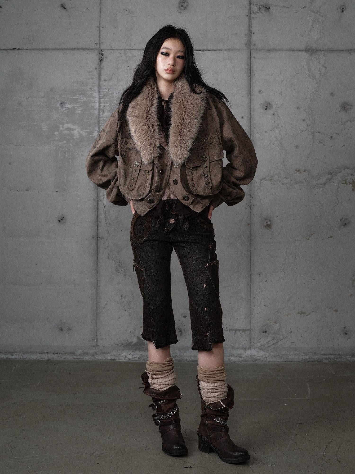 NO ROMANCE Distressed Patchwork Plaid Punk Faux Layered Oversized Women'S Jackets