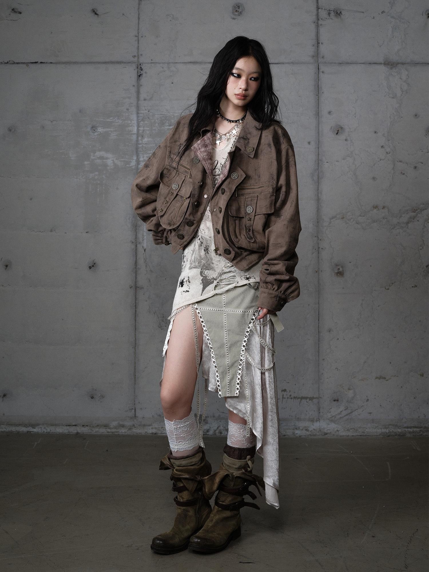 NO ROMANCE Distressed Patchwork Plaid Punk Faux Layered Oversized Women'S Jackets