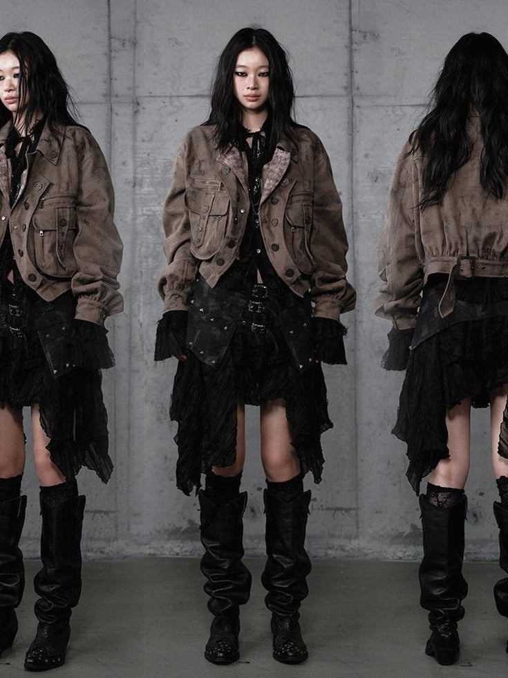 NO ROMANCE Distressed Patchwork Plaid Punk Faux Layered Oversized Women'S Jackets