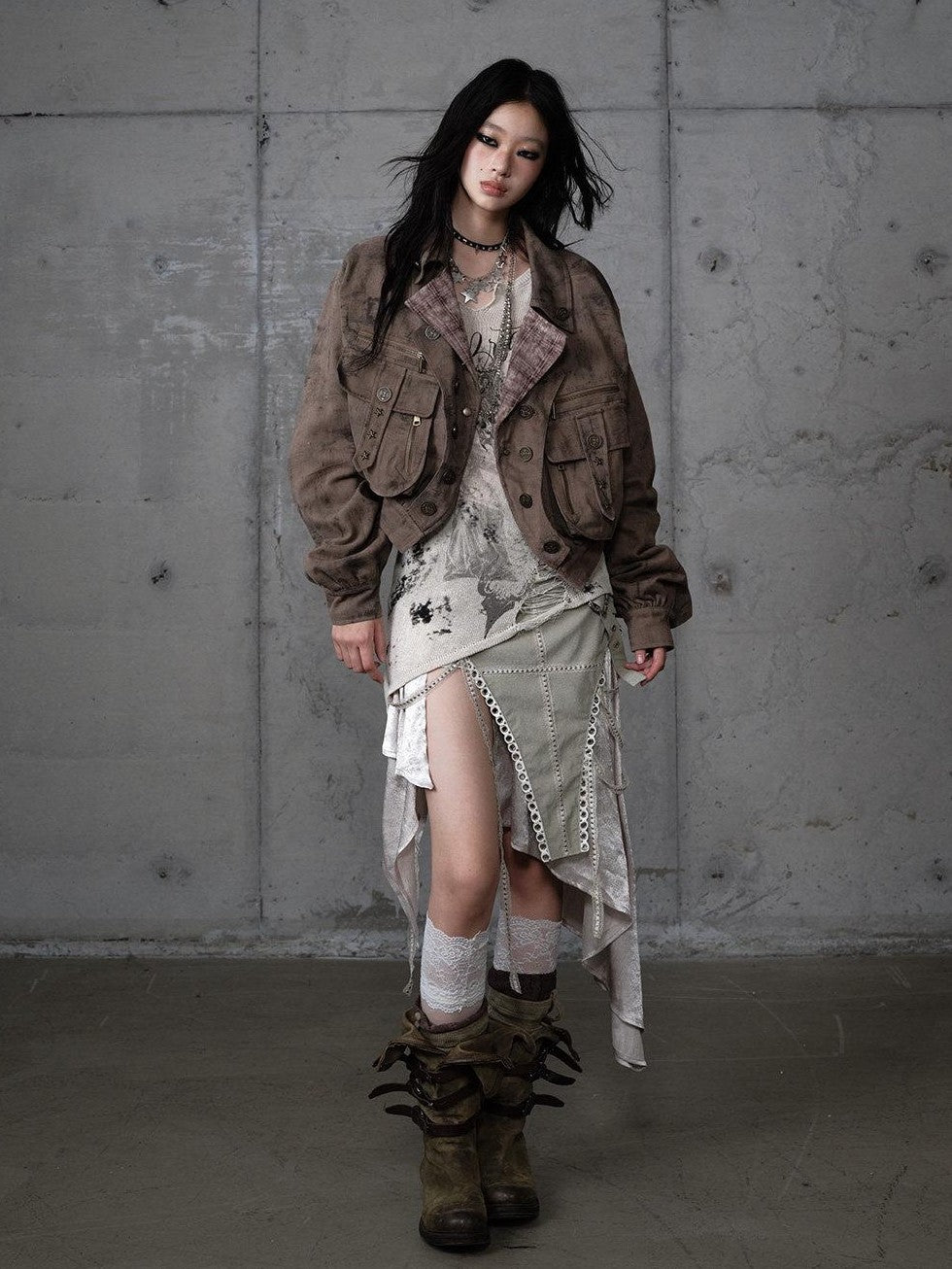 NO ROMANCE Distressed Patchwork Plaid Punk Faux Layered Oversized Women'S Jackets