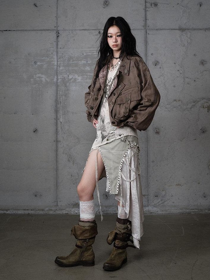 NO ROMANCE Distressed Patchwork Plaid Punk Faux Layered Oversized Women'S Jackets
