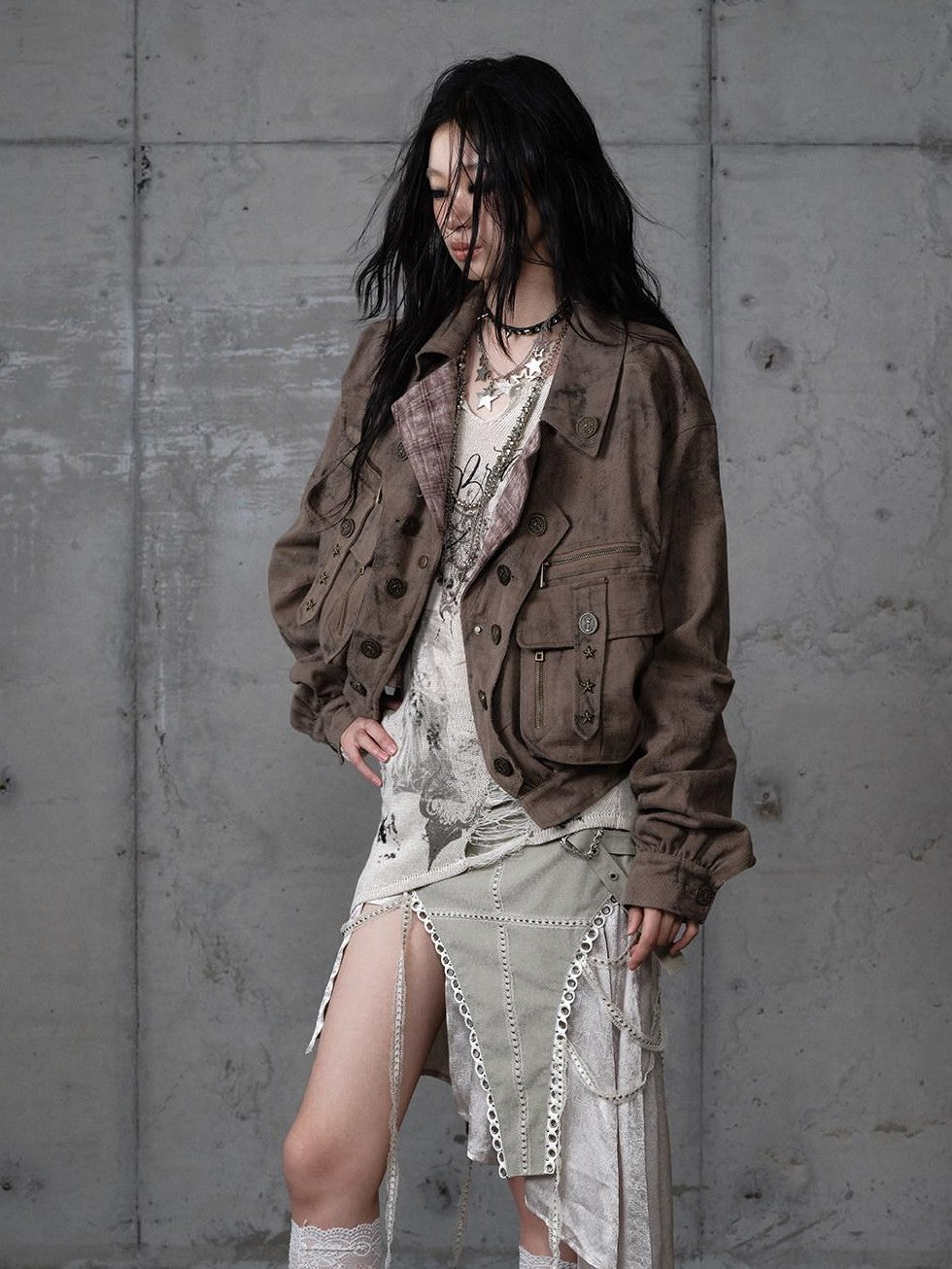 NO ROMANCE Distressed Patchwork Plaid Punk Faux Layered Oversized Women'S Jackets