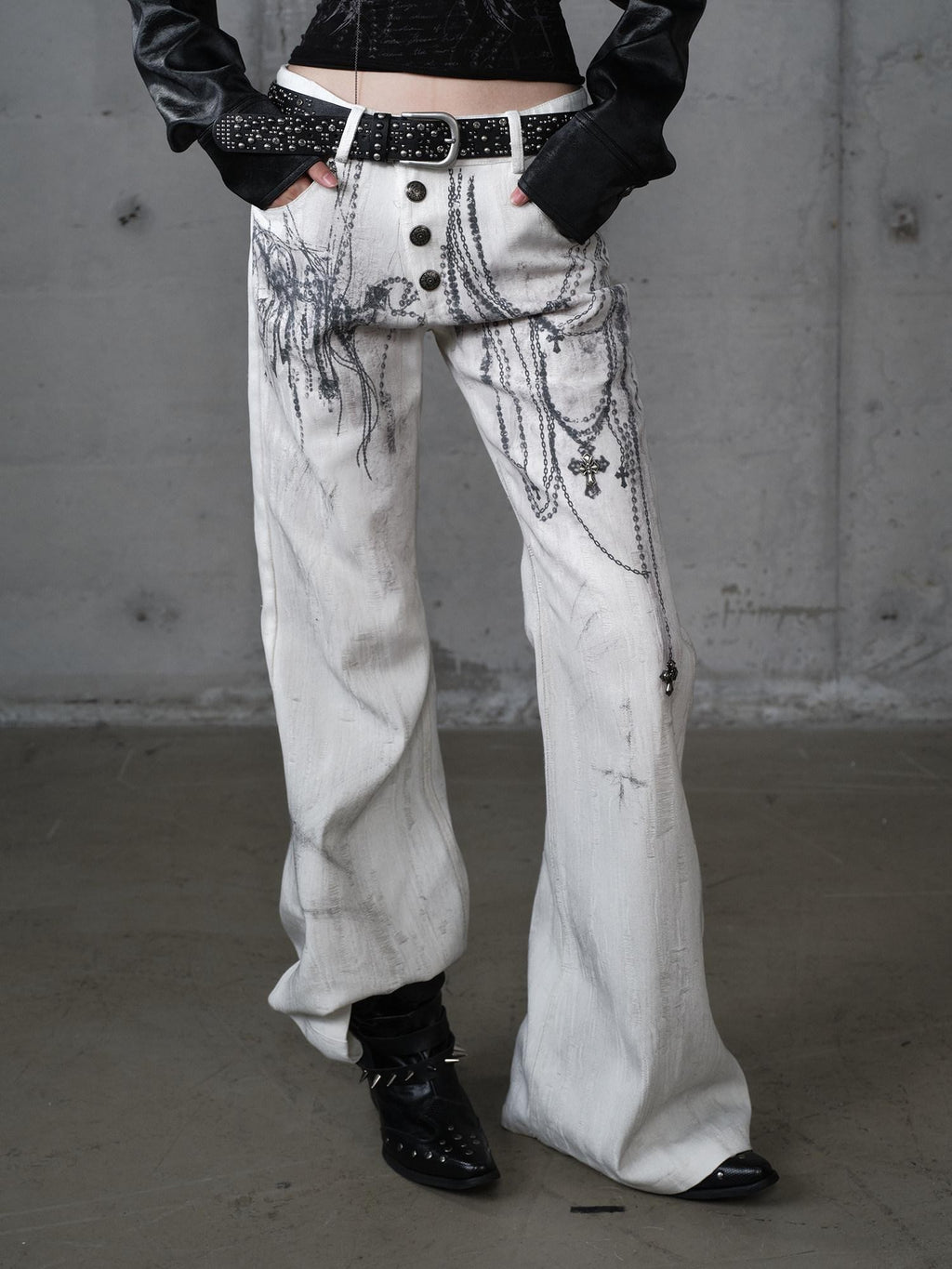 NO ROMANCE Distressed Street Punk Printed Women'S Cotton Wide-Leg Jeans