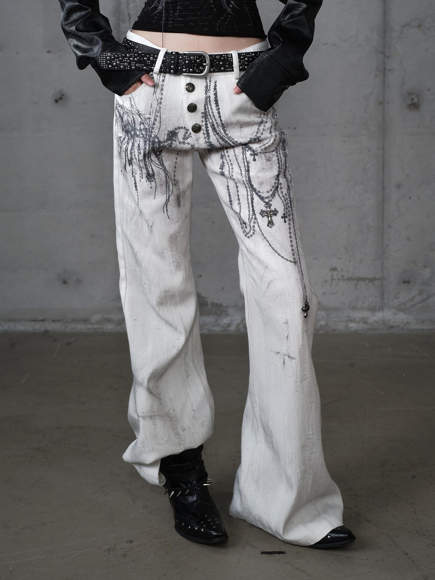 NO ROMANCE Distressed Street Punk Printed Women'S Cotton Wide-Leg Jeans