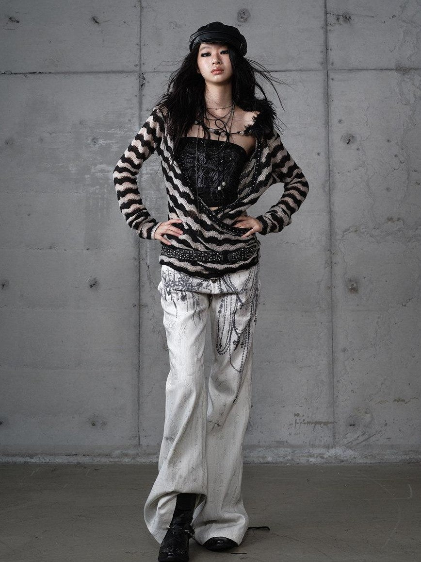 NO ROMANCE Distressed Street Punk Printed Women'S Cotton Wide-Leg Jeans