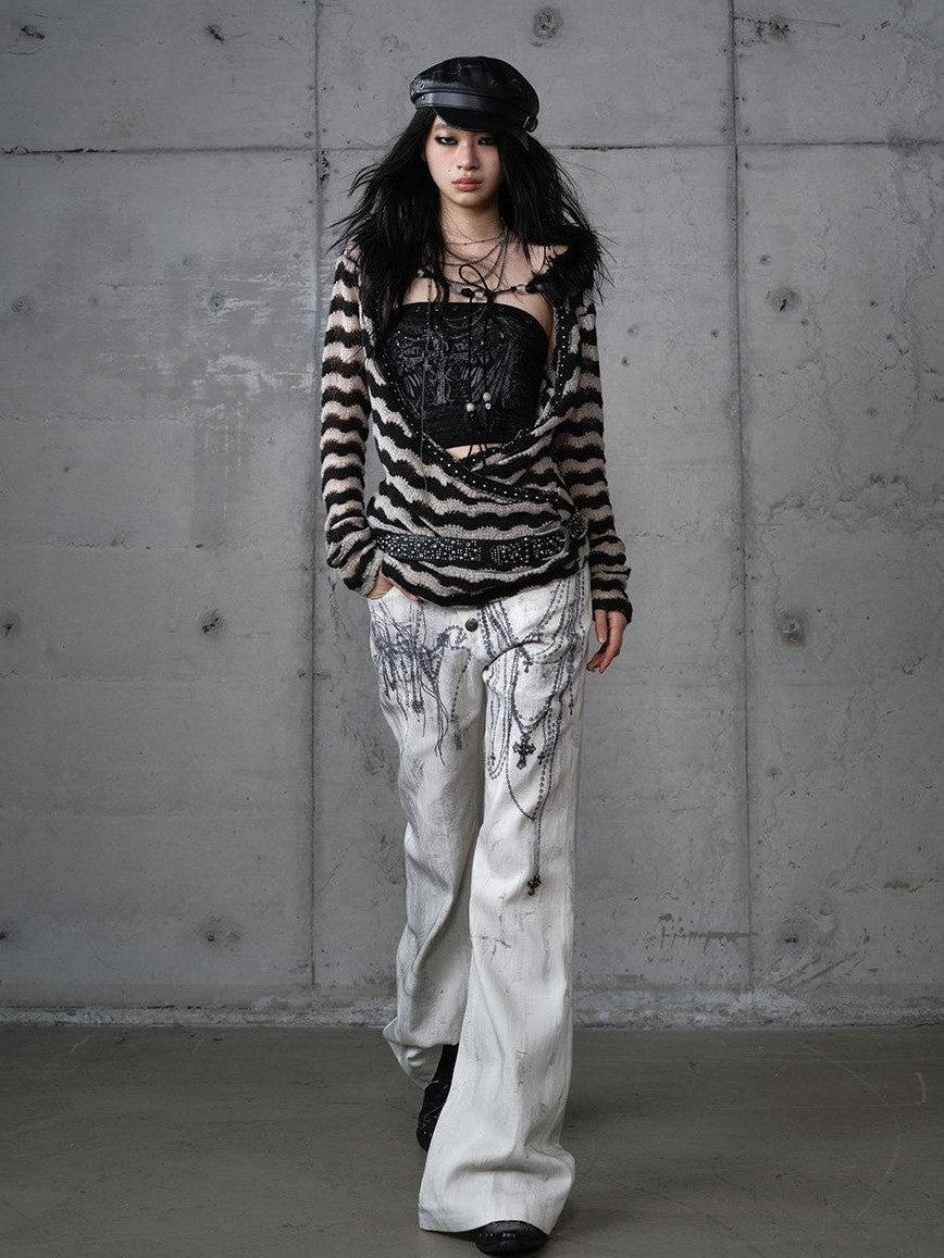 NO ROMANCE Distressed Street Punk Printed Women'S Cotton Wide-Leg Jeans