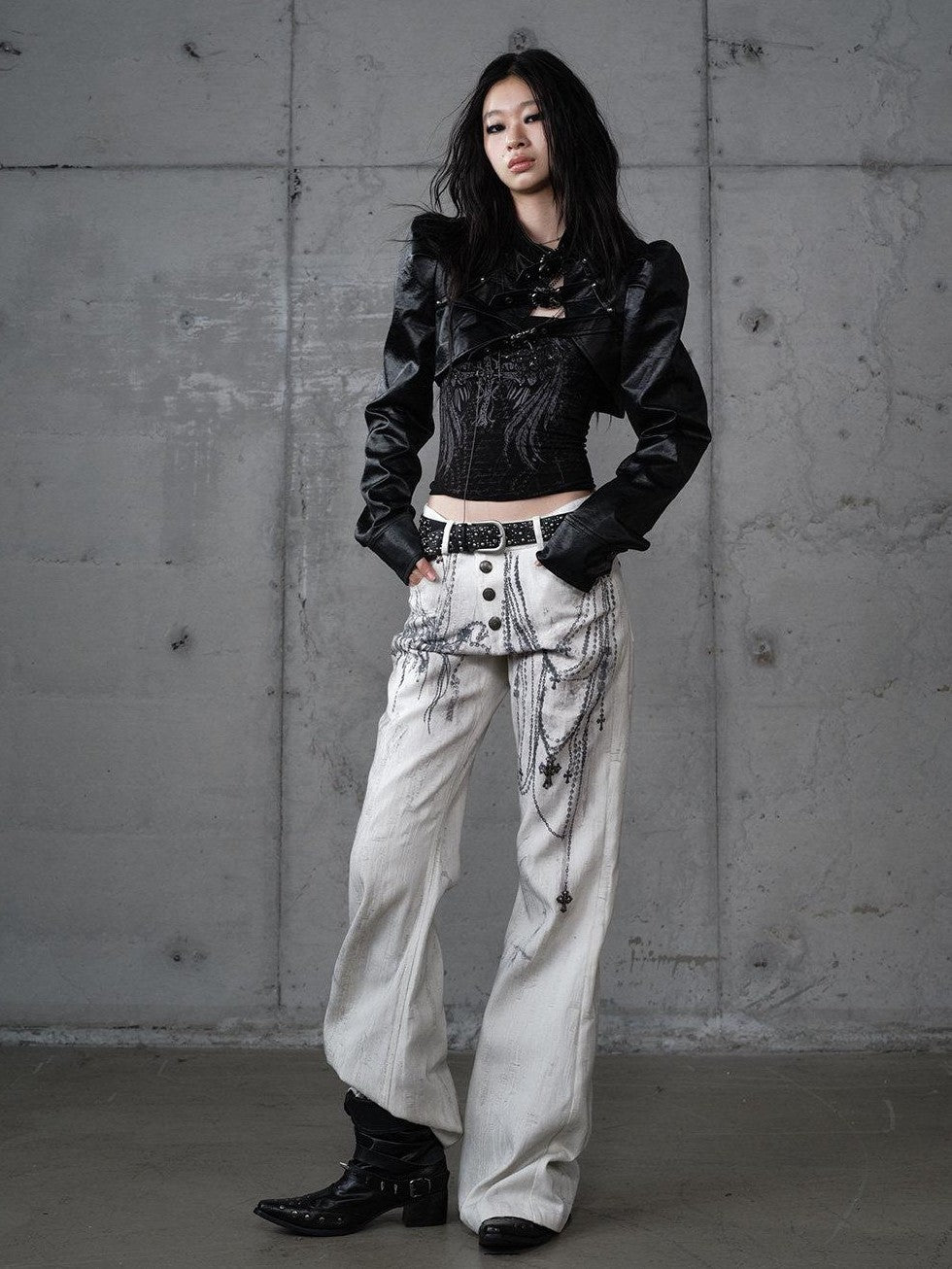 NO ROMANCE Distressed Street Punk Printed Women'S Cotton Wide-Leg Jeans